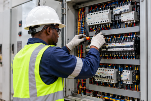 Technicien MTSCI en intervention sur une armoire électrique industrielle